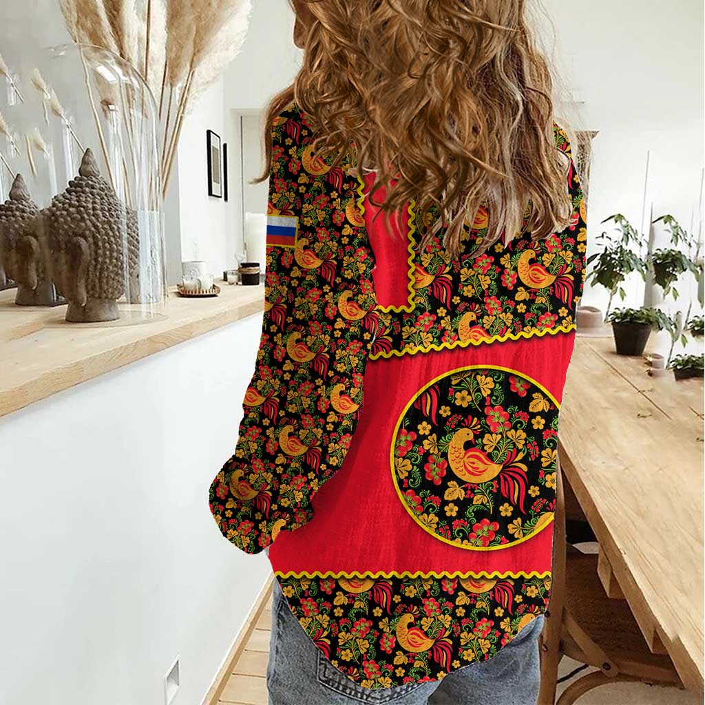 Russia Folk Art Women Casual Shirt with Khokhloma Pattern and Traditional Rooster Design