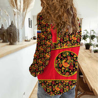 Russia Folk Art Women Casual Shirt with Khokhloma Pattern and Traditional Rooster Design