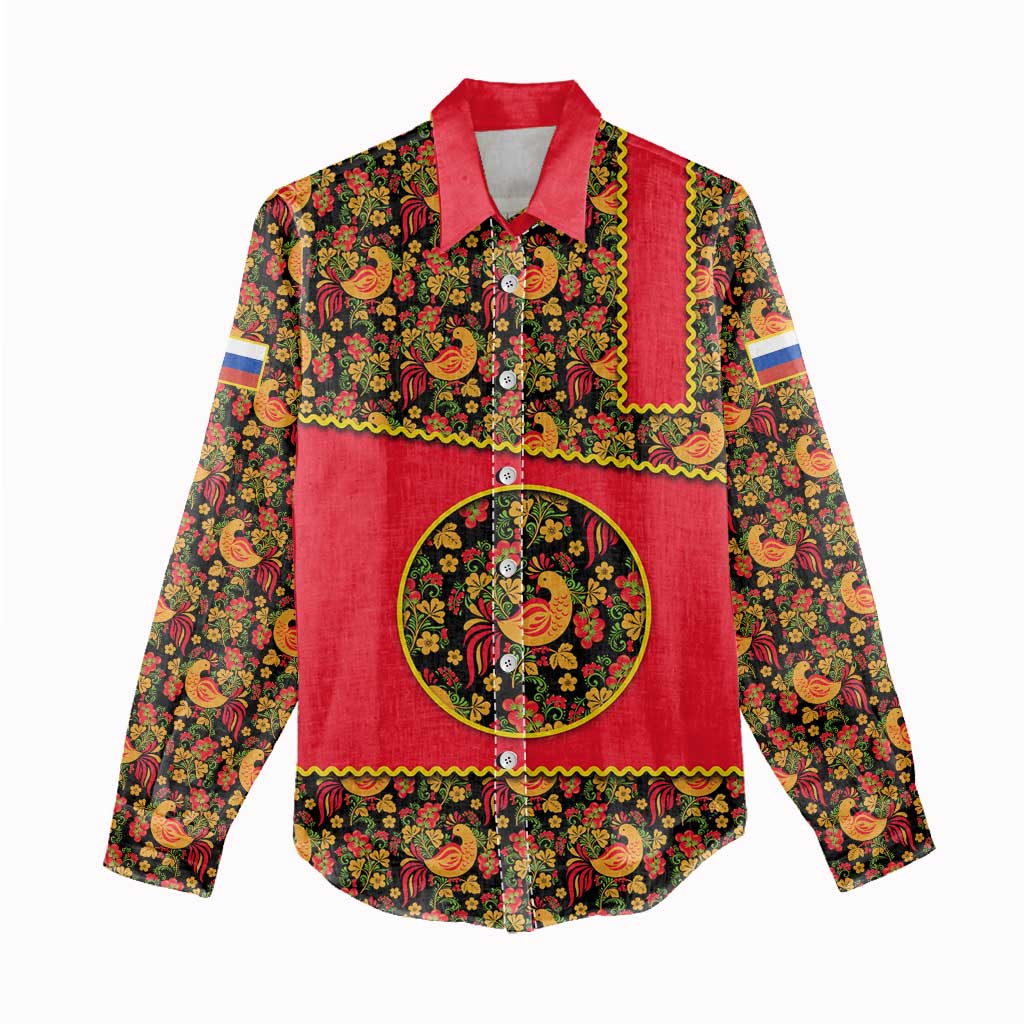 Russia Folk Art Women Casual Shirt with Khokhloma Pattern and Traditional Rooster Design