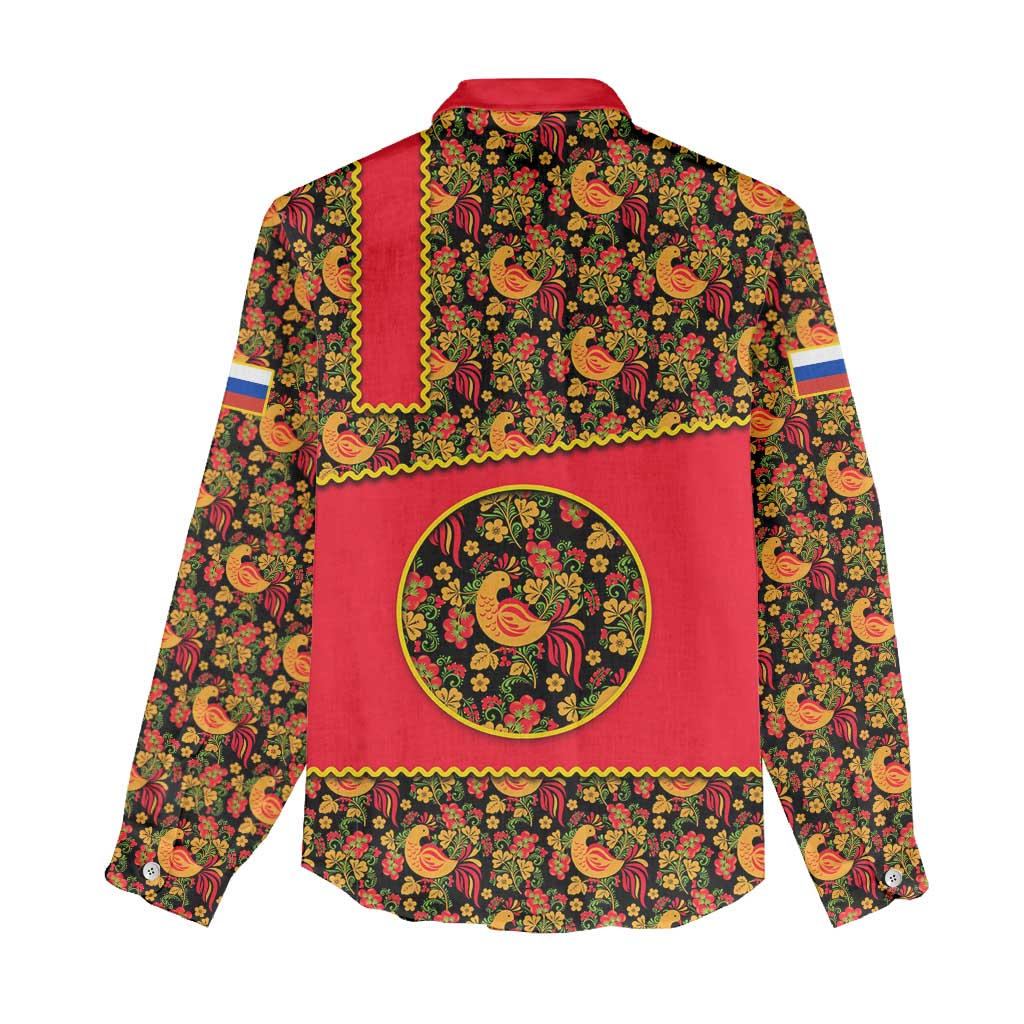 Russia Folk Art Women Casual Shirt with Khokhloma Pattern and Traditional Rooster Design