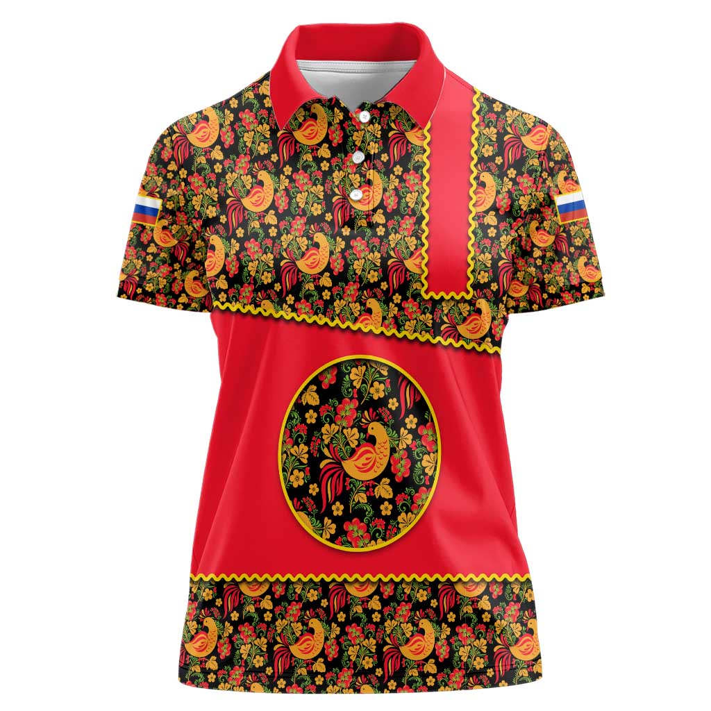 Russia Folk Art Women Polo Shirt with Khokhloma Pattern and Traditional Rooster Design