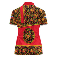Russia Folk Art Women Polo Shirt with Khokhloma Pattern and Traditional Rooster Design
