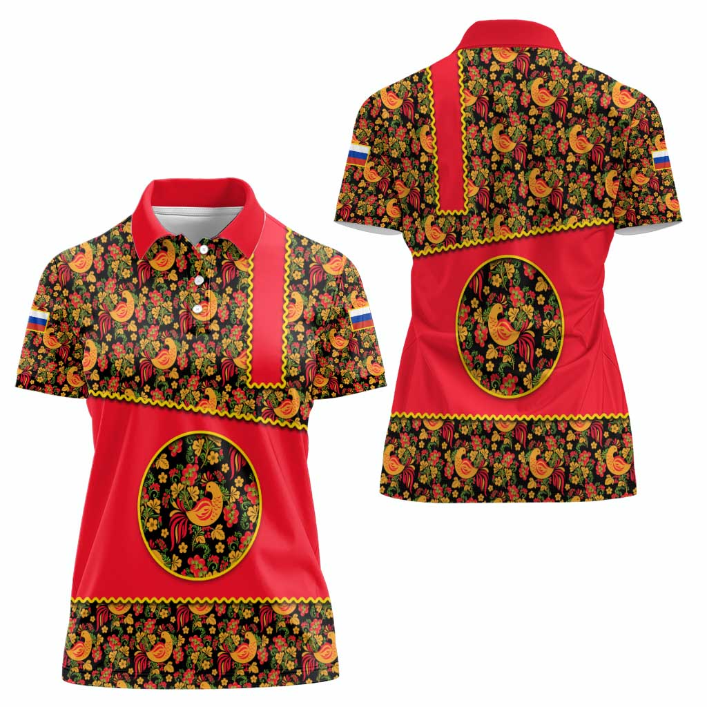 Russia Folk Art Women Polo Shirt with Khokhloma Pattern and Traditional Rooster Design