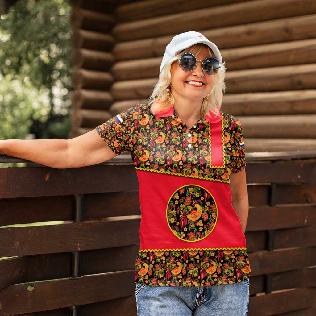 Russia Folk Art Women Polo Shirt with Khokhloma Pattern and Traditional Rooster Design