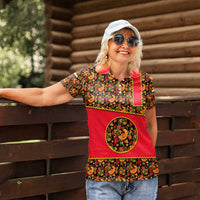 Russia Folk Art Women Polo Shirt with Khokhloma Pattern and Traditional Rooster Design