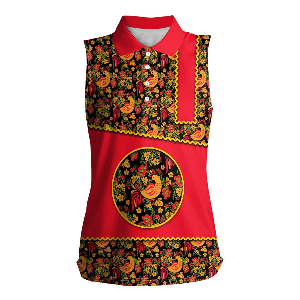 Russia Folk Art Women Sleeveless Polo Shirt with Khokhloma Pattern and Traditional Rooster Design