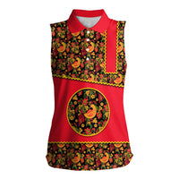 Russia Folk Art Women Sleeveless Polo Shirt with Khokhloma Pattern and Traditional Rooster Design