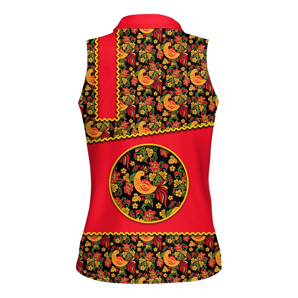 Russia Folk Art Women Sleeveless Polo Shirt with Khokhloma Pattern and Traditional Rooster Design
