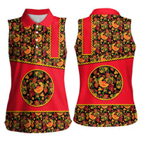 Russia Folk Art Women Sleeveless Polo Shirt with Khokhloma Pattern and Traditional Rooster Design
