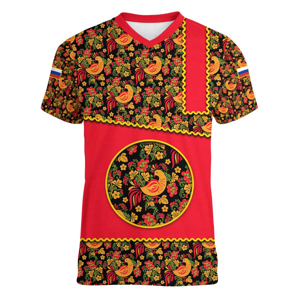 Russia Folk Art Women V-Neck T-Shirt with Khokhloma Pattern and Traditional Rooster Design