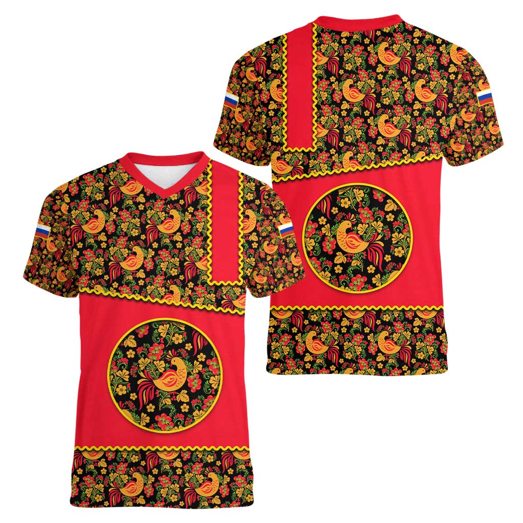 Russia Folk Art Women V-Neck T-Shirt with Khokhloma Pattern and Traditional Rooster Design