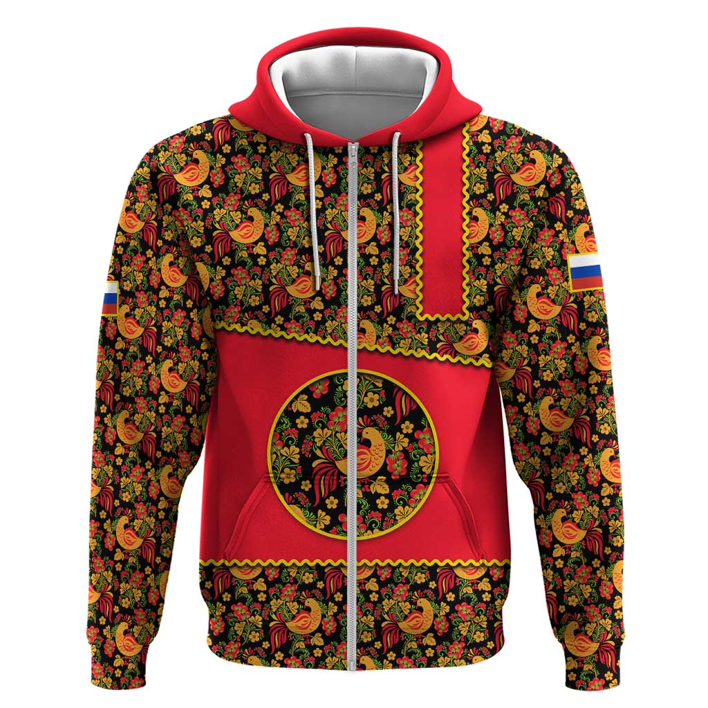Russia Folk Art Zip Hoodie with Khokhloma Pattern and Traditional Rooster Design