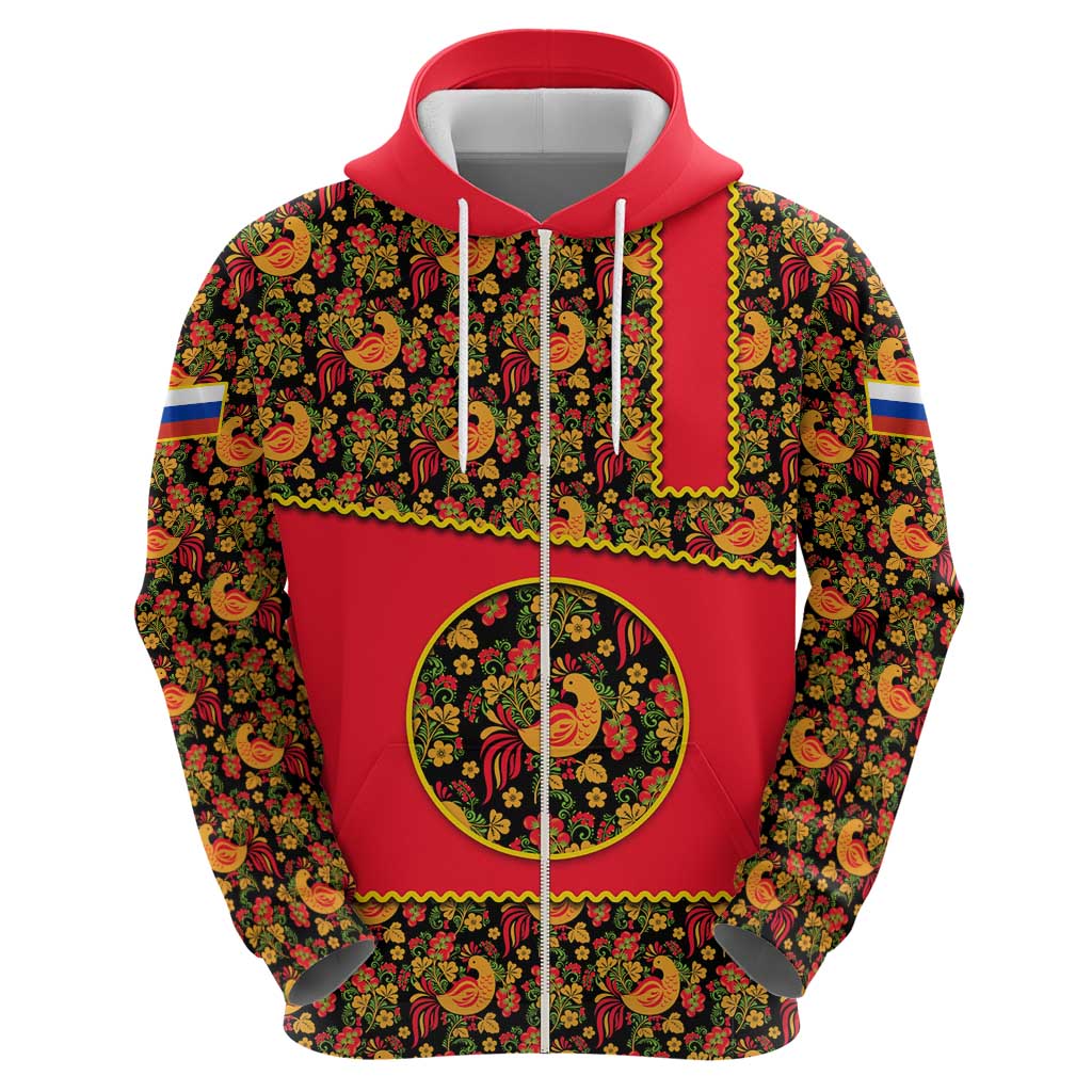 Russia Folk Art Zip Hoodie with Khokhloma Pattern and Traditional Rooster Design