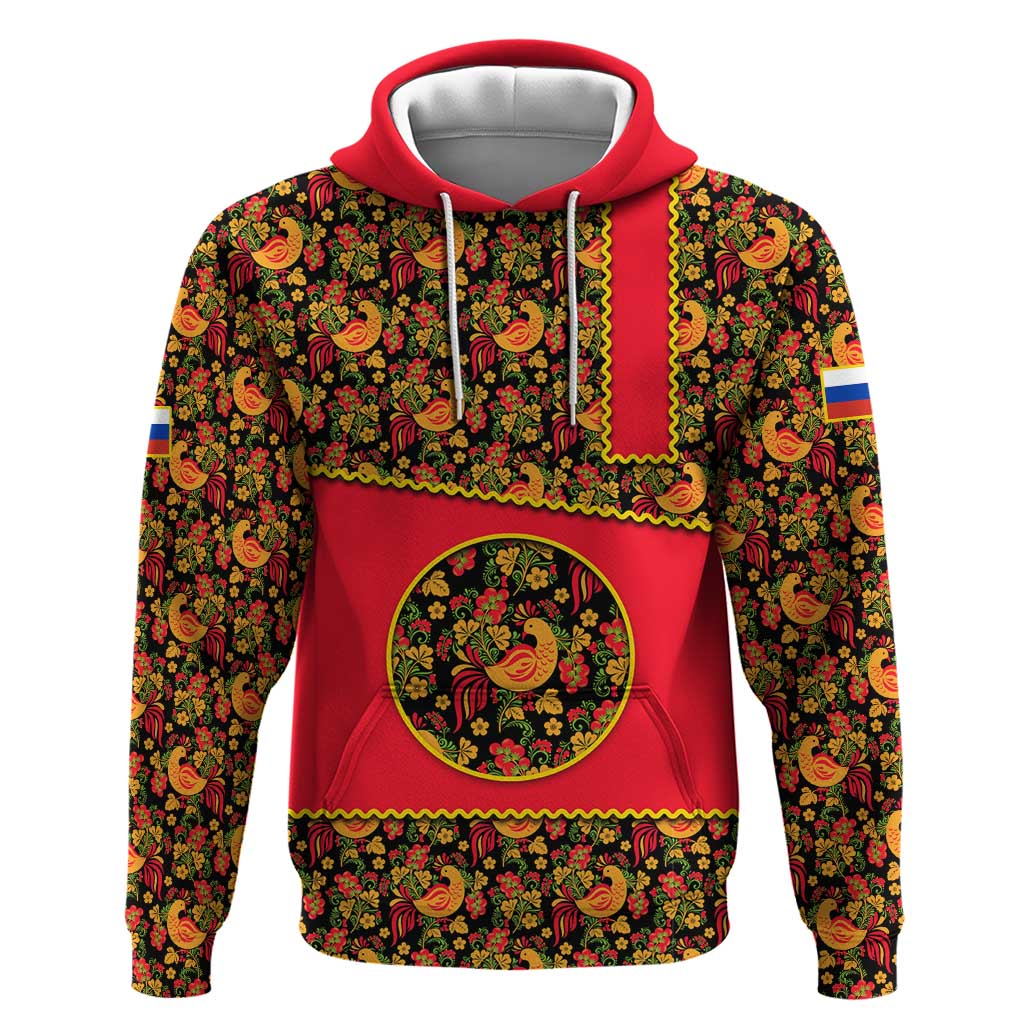 Russia Folk Art Zip Hoodie with Khokhloma Pattern and Traditional Rooster Design