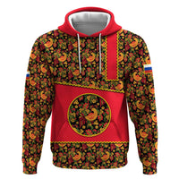 Russia Folk Art Zip Hoodie with Khokhloma Pattern and Traditional Rooster Design