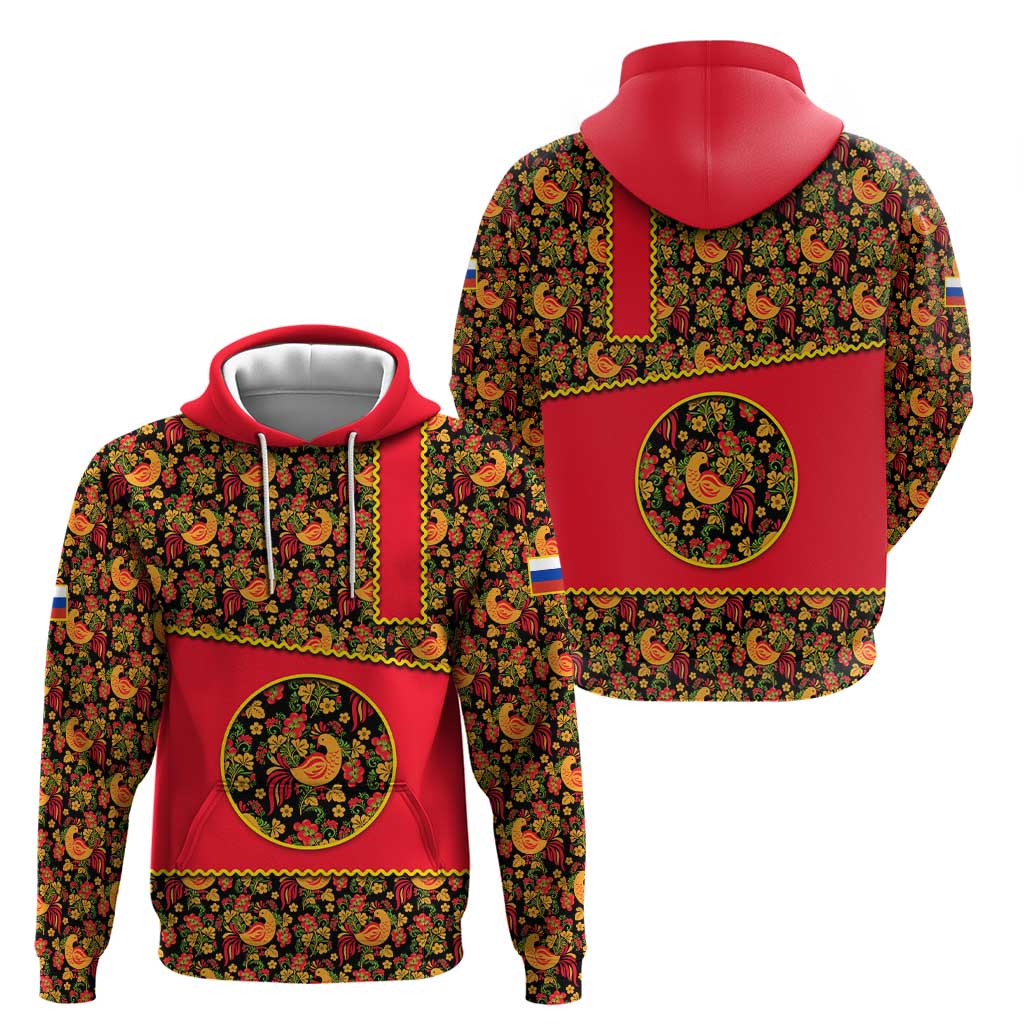 Russia Folk Art Zip Hoodie with Khokhloma Pattern and Traditional Rooster Design