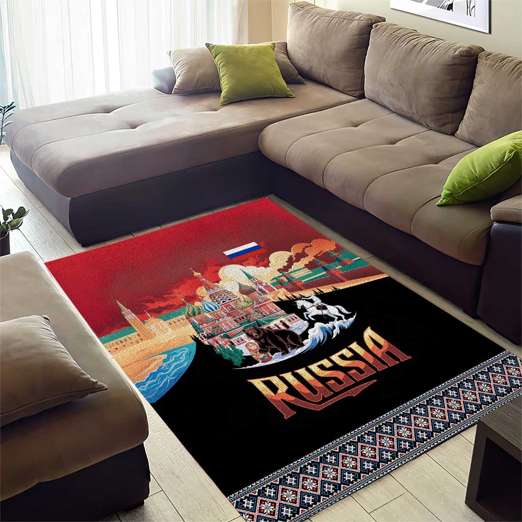 Russia Flag Red and Black Pullover Area Rug with Moscow Skyline Bear and Horse Design