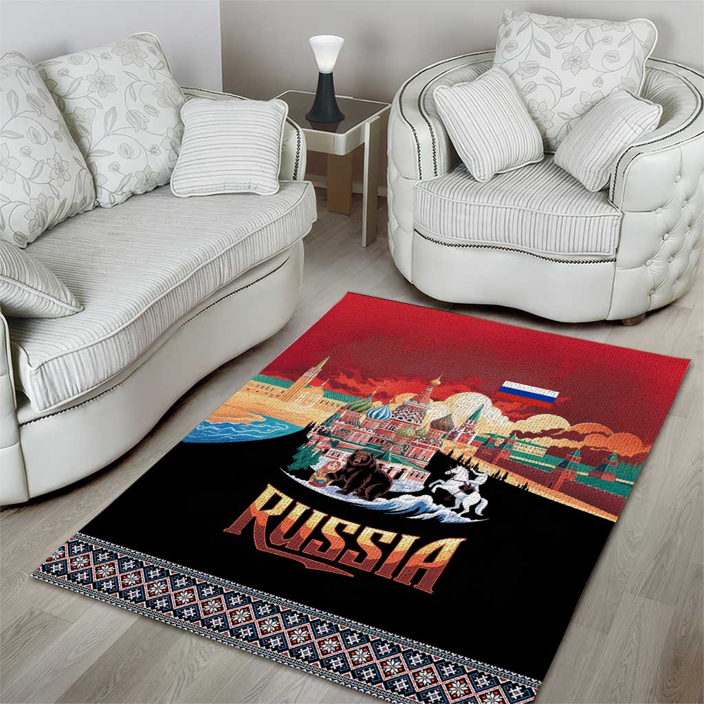 Russia Flag Red and Black Pullover Area Rug with Moscow Skyline Bear and Horse Design