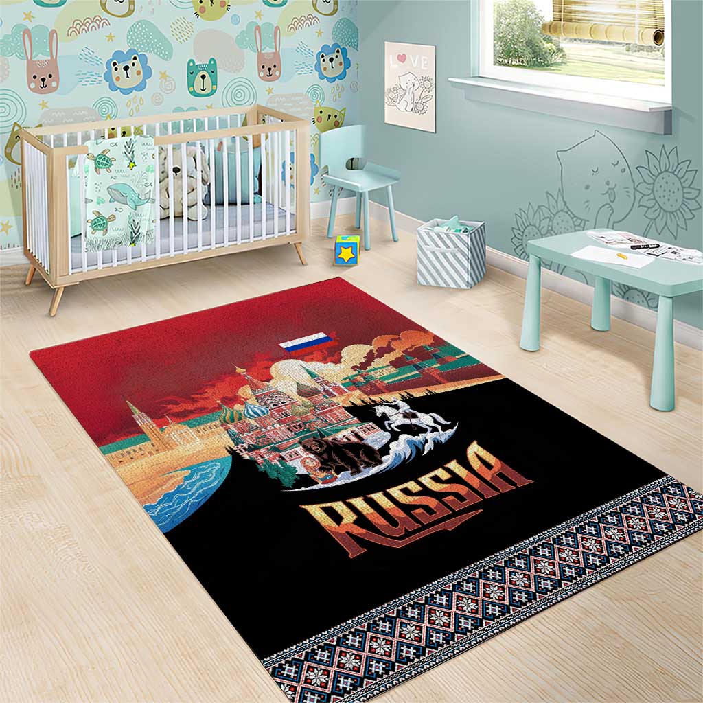 Russia Flag Red and Black Pullover Area Rug with Moscow Skyline Bear and Horse Design