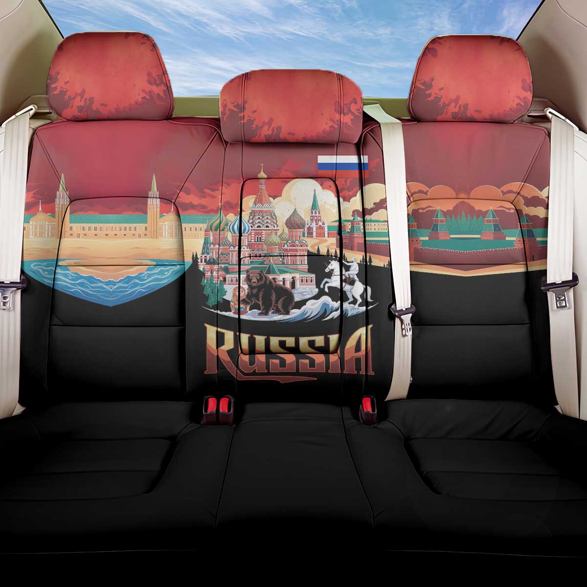 Russia Flag Red and Black Pullover Back Car Seat Cover with Moscow Skyline Bear and Horse Design