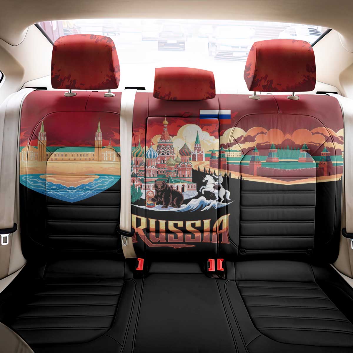 Russia Flag Red and Black Pullover Back Car Seat Cover with Moscow Skyline Bear and Horse Design