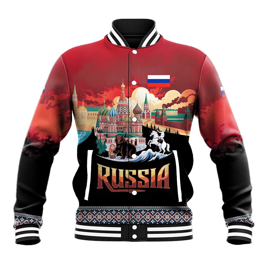 Russia Flag Red and Black Pullover Baseball Jacket with Moscow Skyline Bear and Horse Design