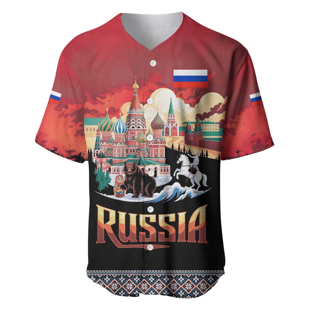 Russia Flag Red and Black Pullover Baseball Jersey with Moscow Skyline Bear and Horse Design