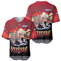 Russia Flag Red and Black Pullover Baseball Jersey with Moscow Skyline Bear and Horse Design