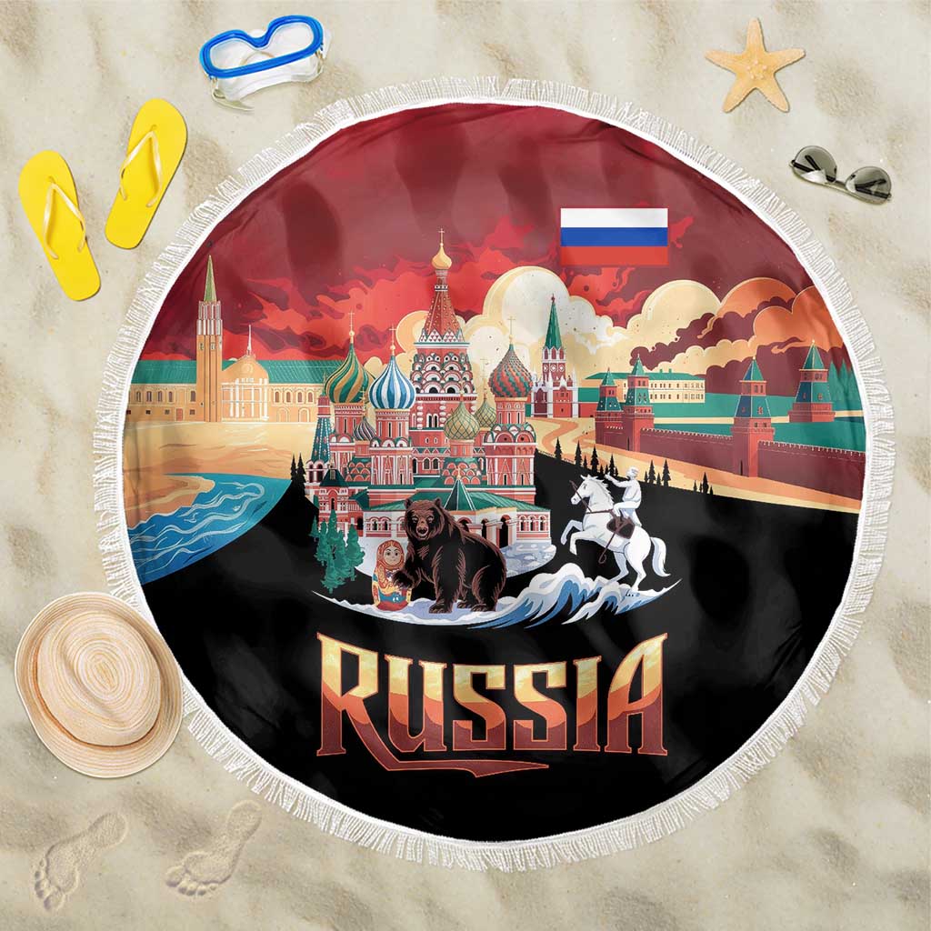 Russia Flag Red and Black Pullover Beach Blanket with Moscow Skyline Bear and Horse Design