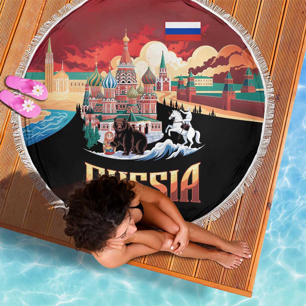 Russia Flag Red and Black Pullover Beach Blanket with Moscow Skyline Bear and Horse Design