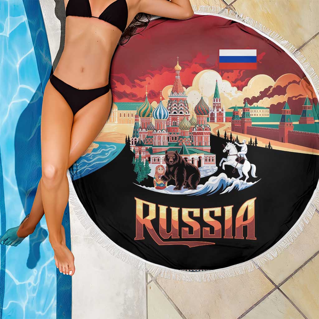 Russia Flag Red and Black Pullover Beach Blanket with Moscow Skyline Bear and Horse Design