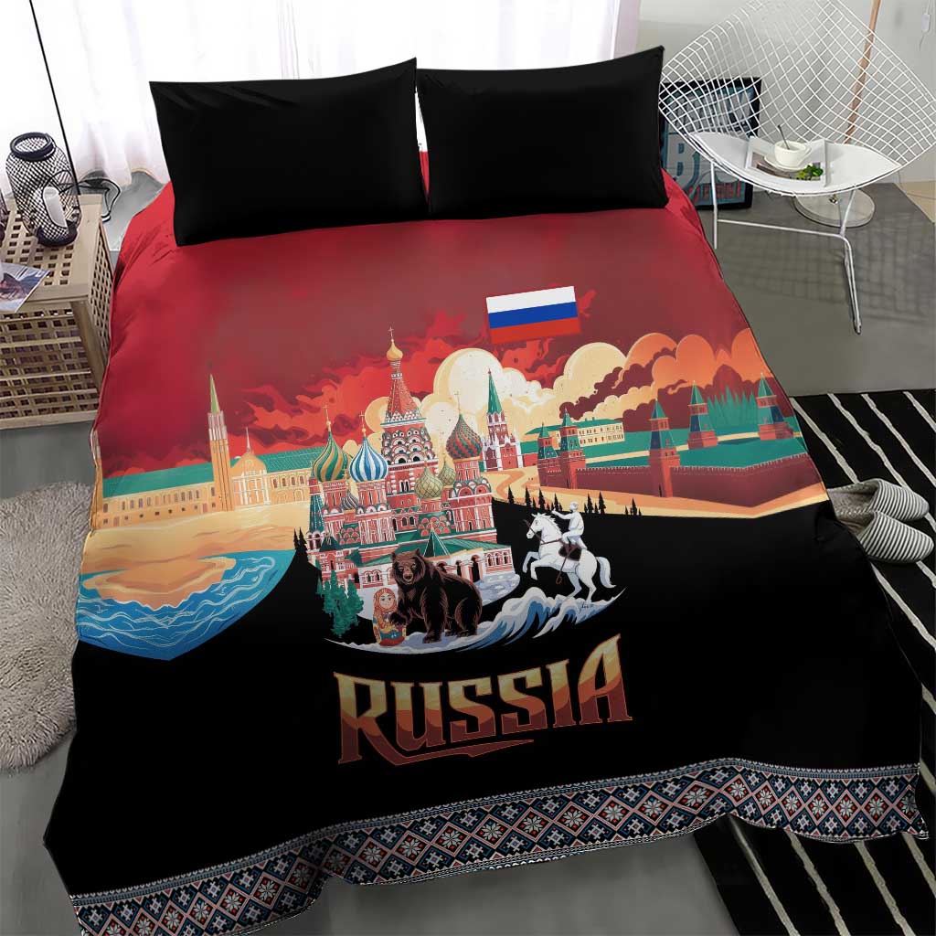 Russia Flag Red and Black Pullover Bedding Set with Moscow Skyline Bear and Horse Design