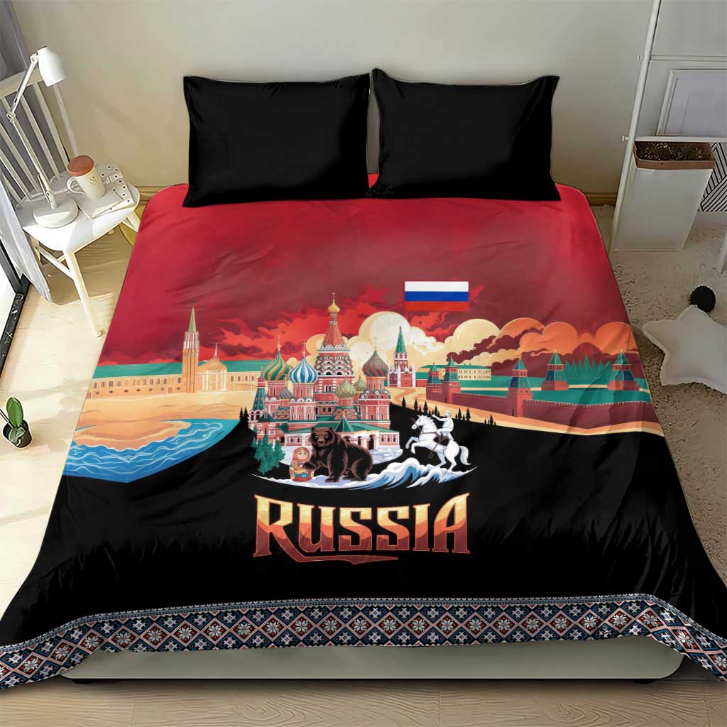Russia Flag Red and Black Pullover Bedding Set with Moscow Skyline Bear and Horse Design