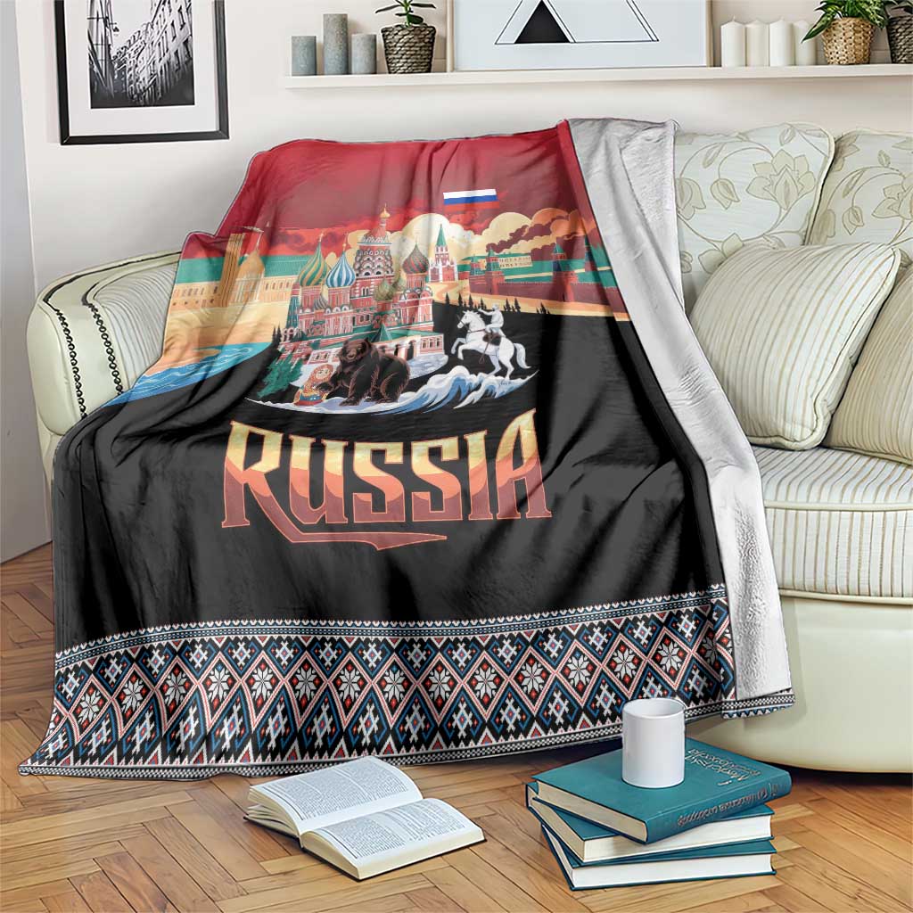 Russia Flag Red and Black Pullover Blanket with Moscow Skyline Bear and Horse Design
