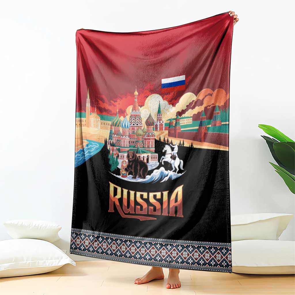 Russia Flag Red and Black Pullover Blanket with Moscow Skyline Bear and Horse Design
