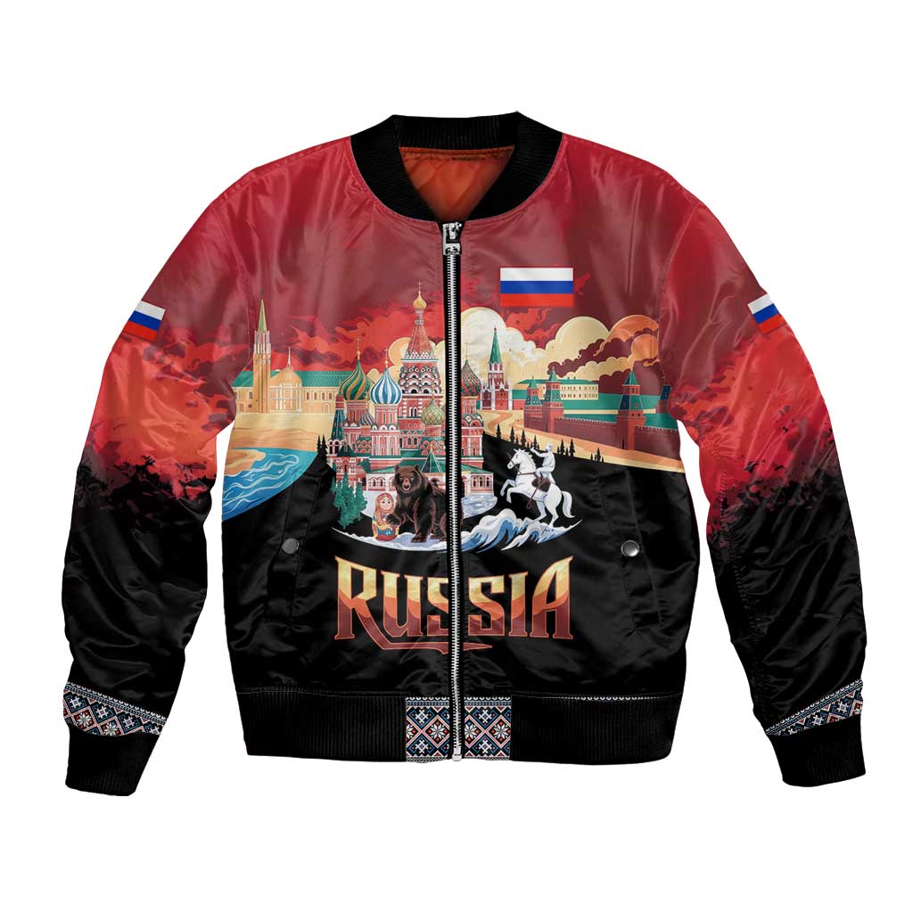 Russia Flag Red and Black Pullover Bomber Jacket with Moscow Skyline Bear and Horse Design