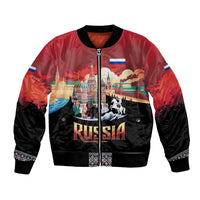 Russia Flag Red and Black Pullover Bomber Jacket with Moscow Skyline Bear and Horse Design