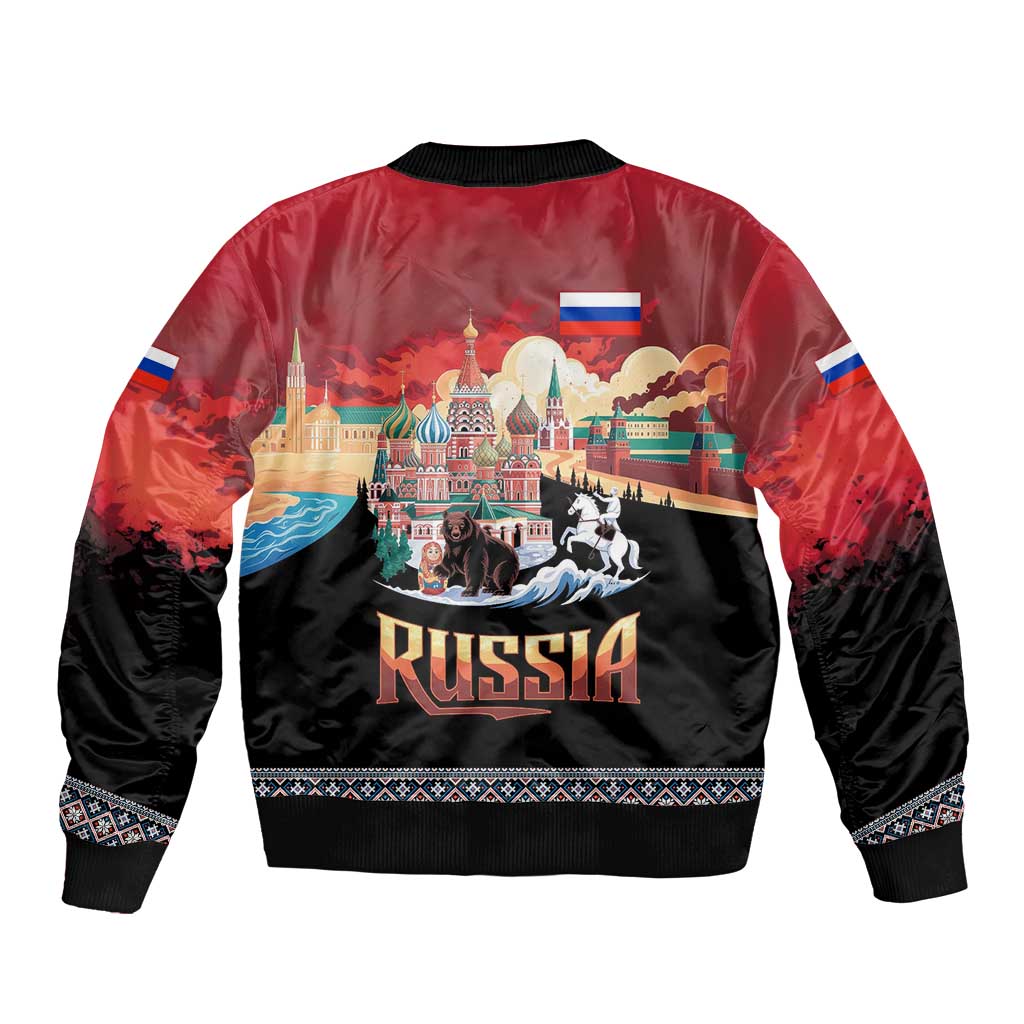 Russia Flag Red and Black Pullover Bomber Jacket with Moscow Skyline Bear and Horse Design