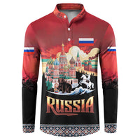 Russia Flag Red and Black Pullover Button Sweatshirt with Moscow Skyline Bear and Horse Design
