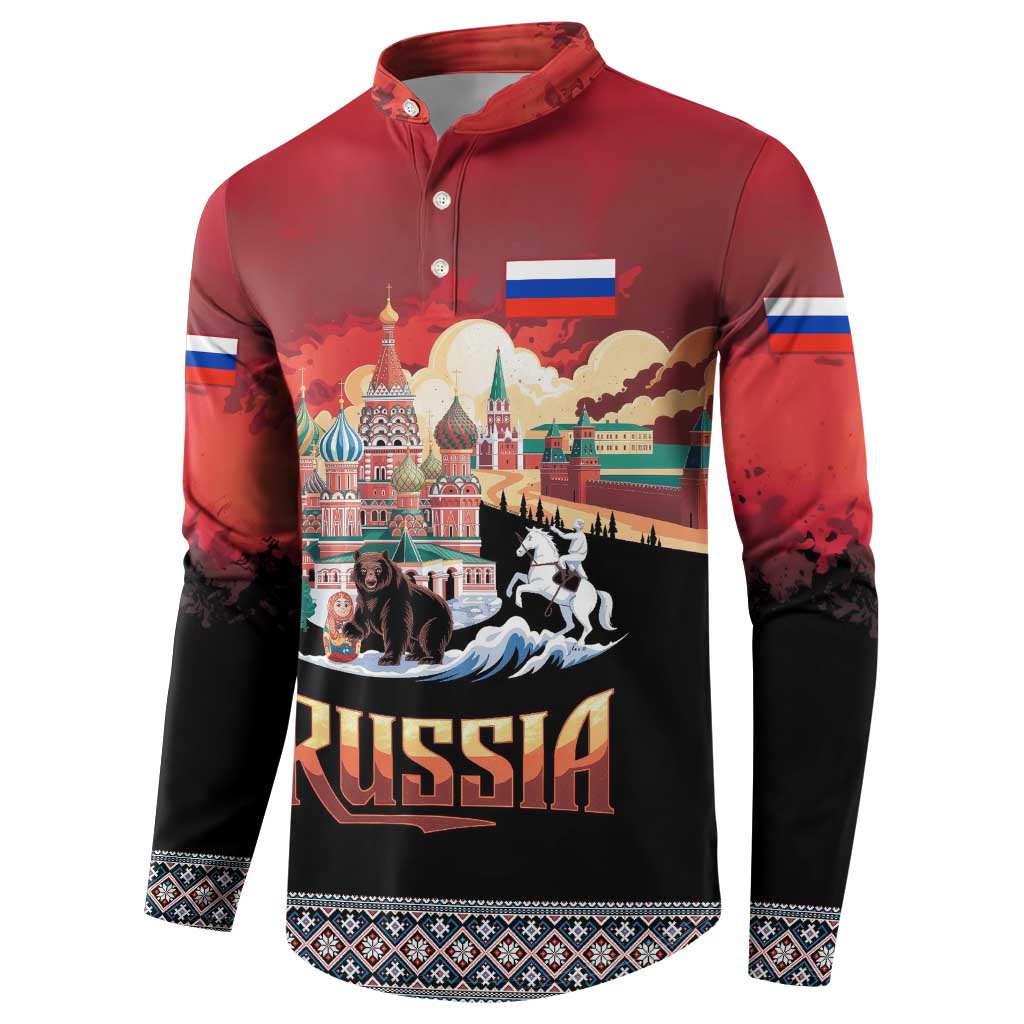 Russia Flag Red and Black Pullover Button Sweatshirt with Moscow Skyline Bear and Horse Design