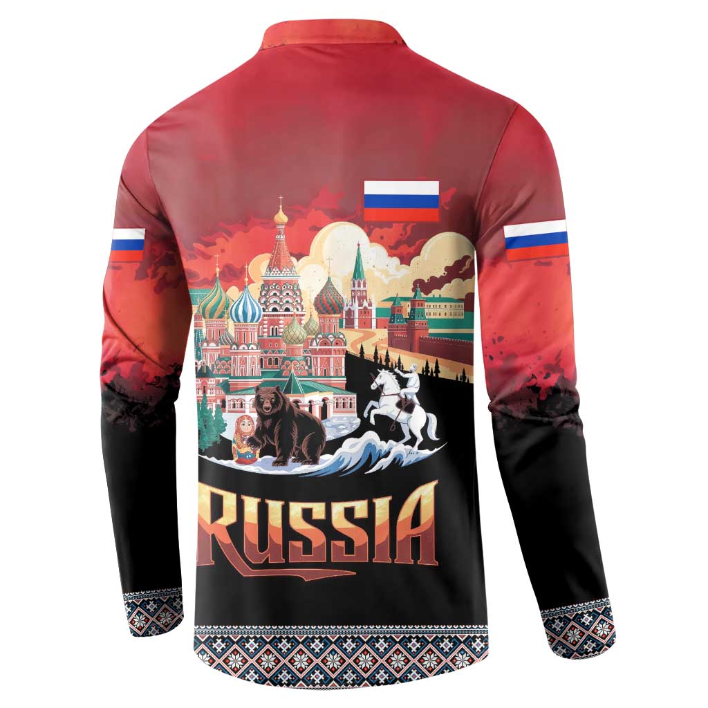 Russia Flag Red and Black Pullover Button Sweatshirt with Moscow Skyline Bear and Horse Design
