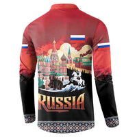 Russia Flag Red and Black Pullover Button Sweatshirt with Moscow Skyline Bear and Horse Design