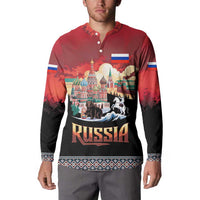 Russia Flag Red and Black Pullover Button Sweatshirt with Moscow Skyline Bear and Horse Design