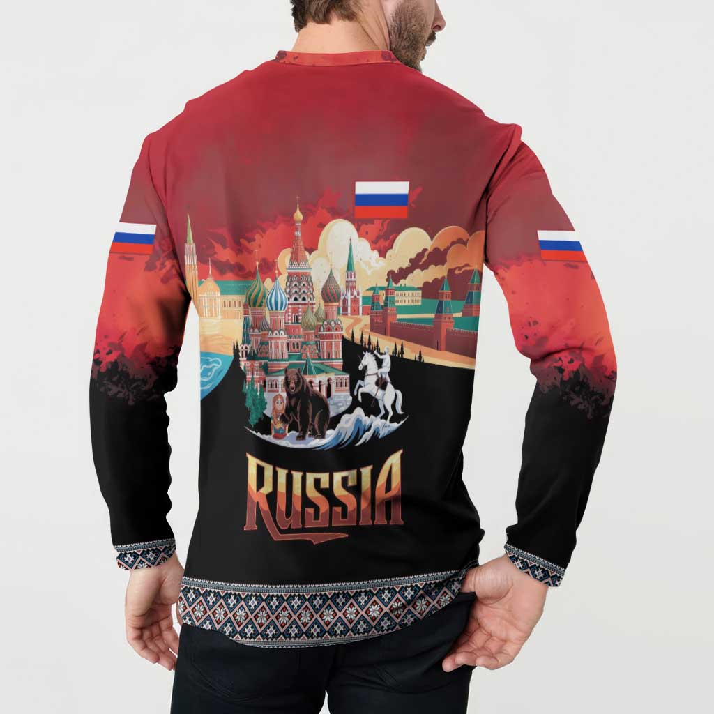 Russia Flag Red and Black Pullover Button Sweatshirt with Moscow Skyline Bear and Horse Design