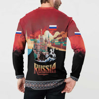 Russia Flag Red and Black Pullover Button Sweatshirt with Moscow Skyline Bear and Horse Design