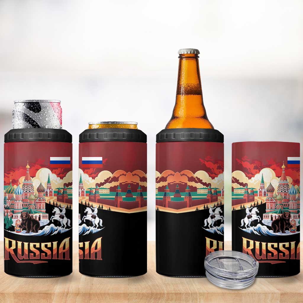 Russia Flag Red and Black Pullover 4 in 1 Can Cooler Tumbler with Moscow Skyline Bear and Horse Design
