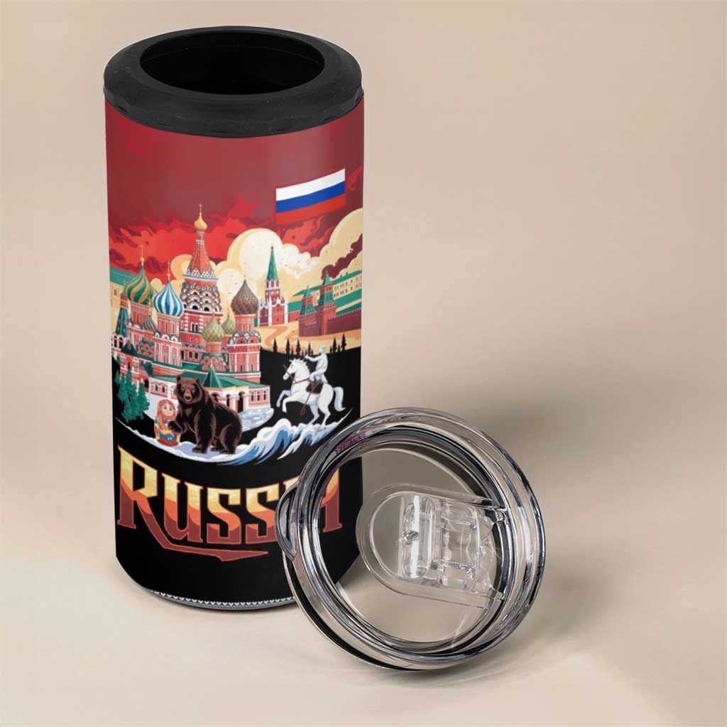 Russia Flag Red and Black Pullover 4 in 1 Can Cooler Tumbler with Moscow Skyline Bear and Horse Design