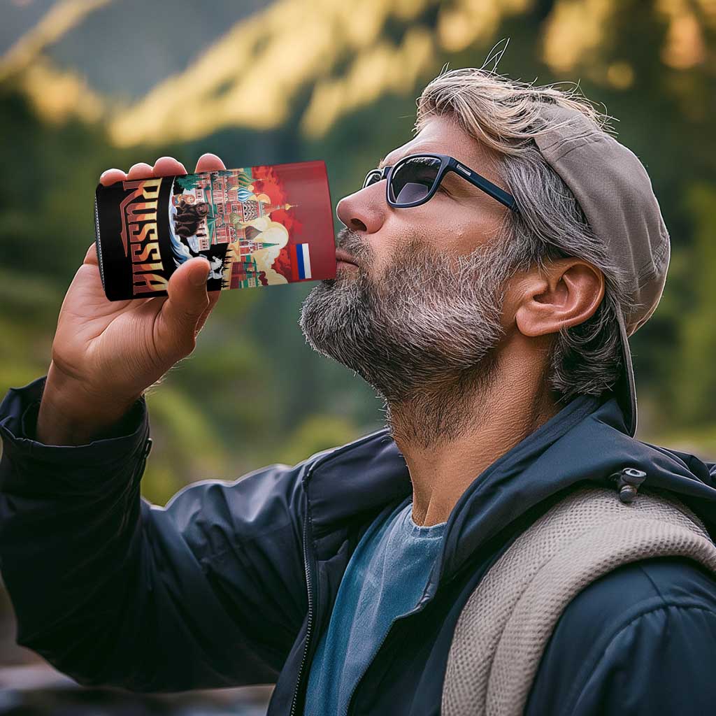 Russia Flag Red and Black Pullover 4 in 1 Can Cooler Tumbler with Moscow Skyline Bear and Horse Design