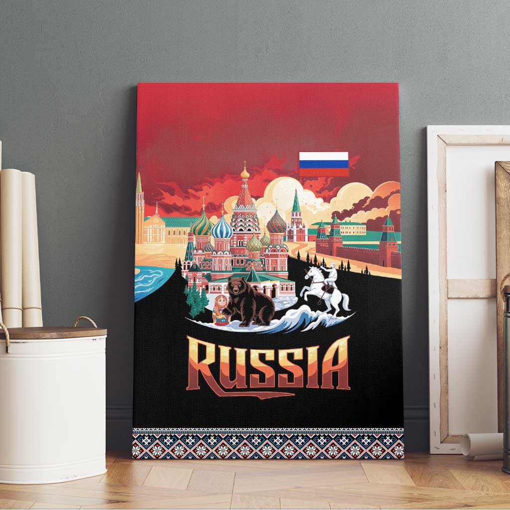 Russia Flag Red and Black Pullover Canvas Wall Art with Moscow Skyline Bear and Horse Design