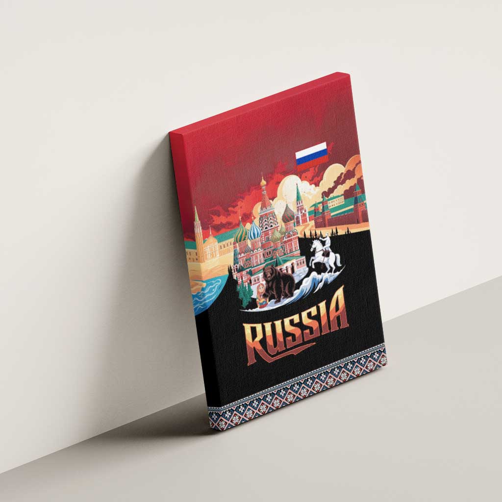 Russia Flag Red and Black Pullover Canvas Wall Art with Moscow Skyline Bear and Horse Design